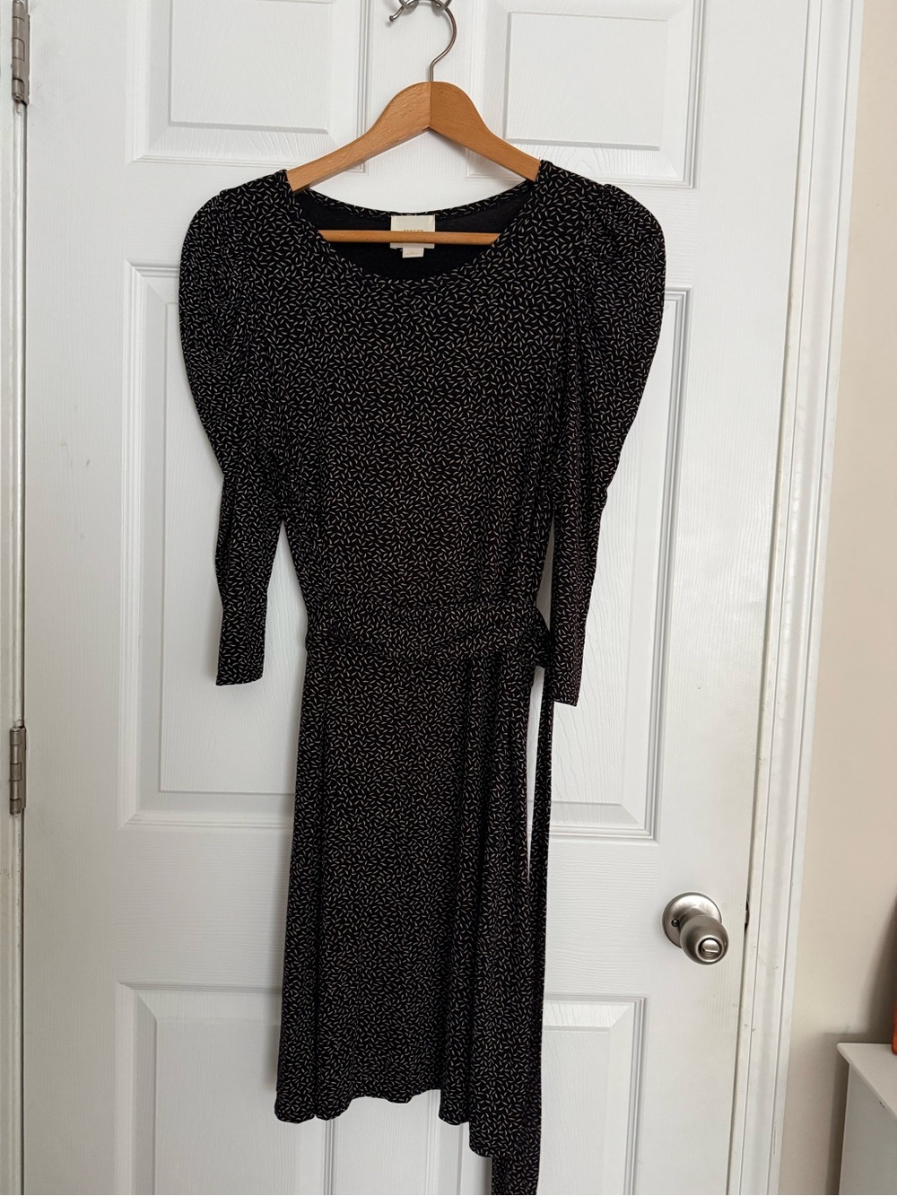 Maeve Sz S Printed Long Sleeve Dress with Tie Belt Parisian Chic Modern Retro